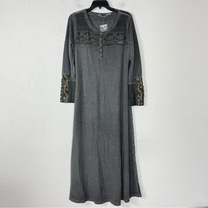 Soft Surroundings Dress Maxi Waffle Knit Henley Gray Floral‎ Metallic Knit Zalia